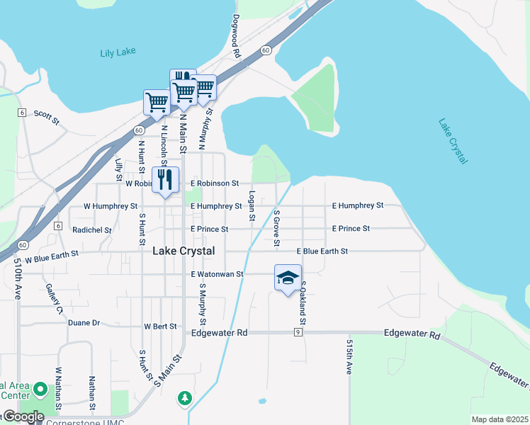 map of restaurants, bars, coffee shops, grocery stores, and more near 410 East Prince Street in Lake Crystal