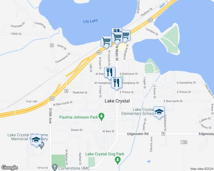 map of restaurants, bars, coffee shops, grocery stores, and more near 111 South Lincoln Street in Lake Crystal