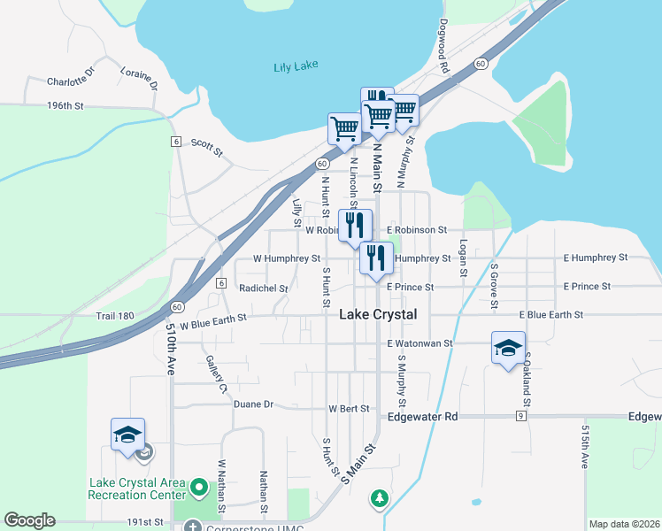 map of restaurants, bars, coffee shops, grocery stores, and more near 122 South Hunt Street in Lake Crystal