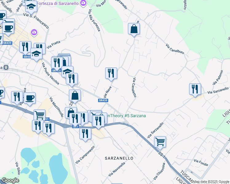 map of restaurants, bars, coffee shops, grocery stores, and more near 4 Via Nave in Sarzana