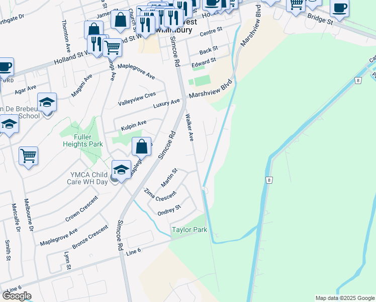 map of restaurants, bars, coffee shops, grocery stores, and more near 7 Rak Court in Bradford West Gwillimbury