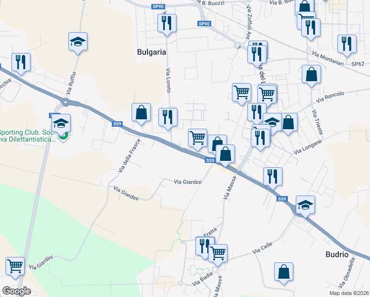 map of restaurants, bars, coffee shops, grocery stores, and more near 5551 Via Emilia Levante in Cesena
