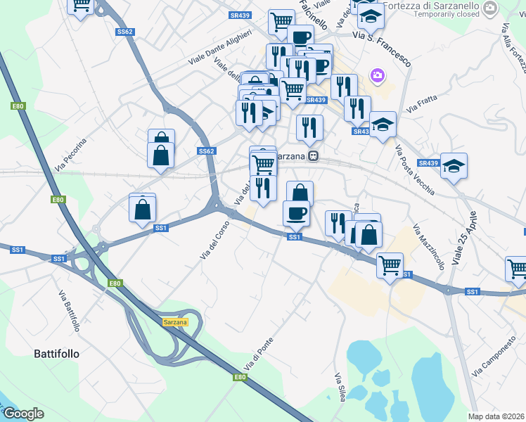 map of restaurants, bars, coffee shops, grocery stores, and more near 87 Via Variante Aurelia in Sarzana