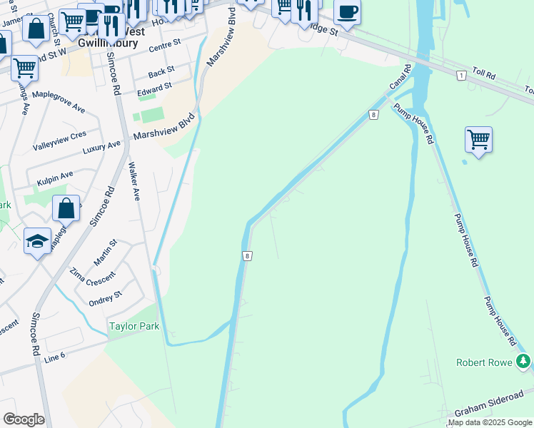 map of restaurants, bars, coffee shops, grocery stores, and more near 2411 Canal Road in Bradford West Gwillimbury