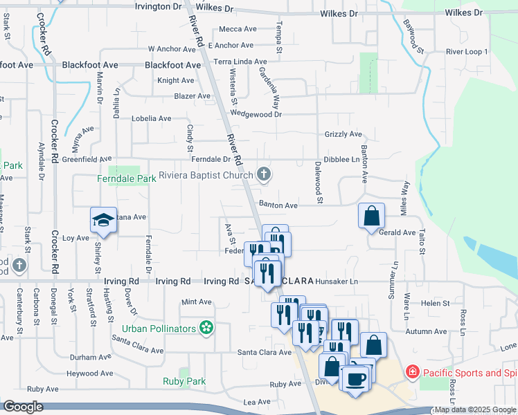 map of restaurants, bars, coffee shops, grocery stores, and more near 2951 River Road in Eugene