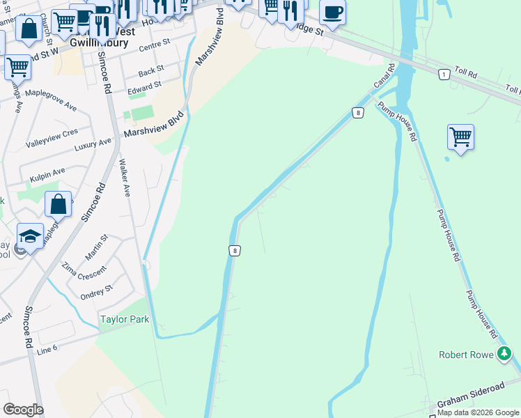 map of restaurants, bars, coffee shops, grocery stores, and more near 3 Grencer Road in Bradford West Gwillimbury