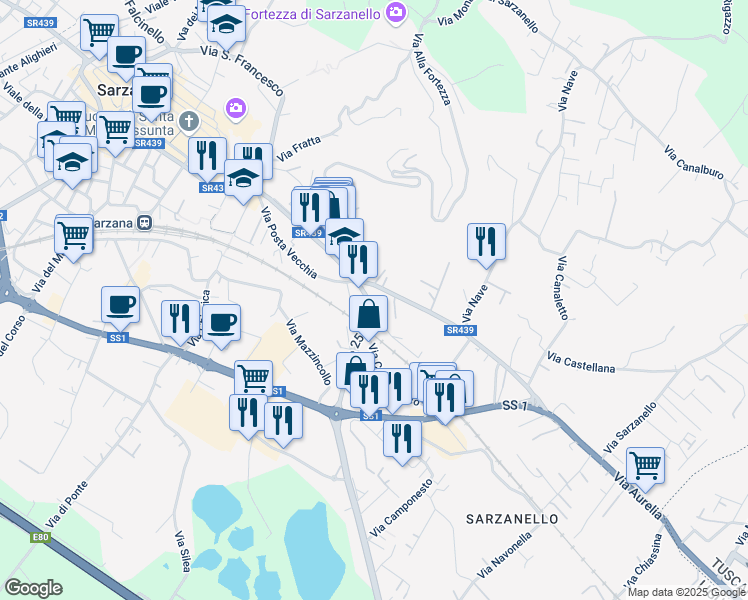 map of restaurants, bars, coffee shops, grocery stores, and more near Viale XXV Aprile in Sarzana