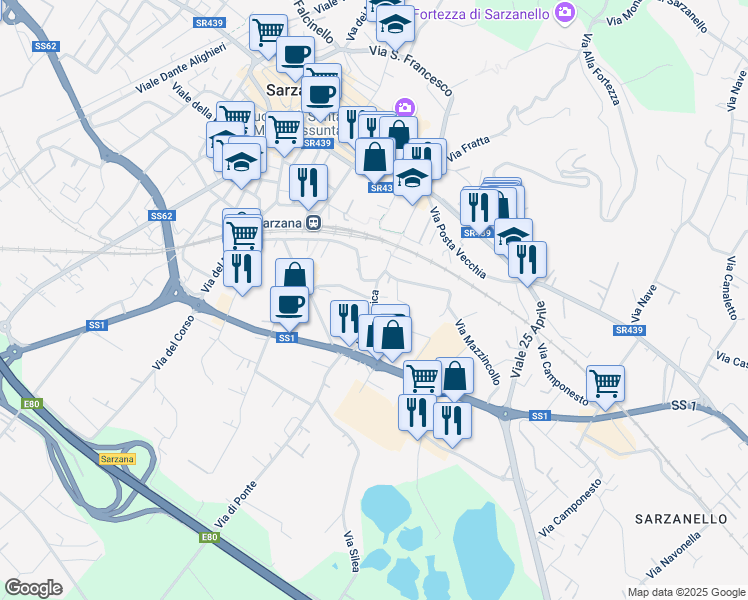 map of restaurants, bars, coffee shops, grocery stores, and more near 10 Via Chiavica in Sarzana