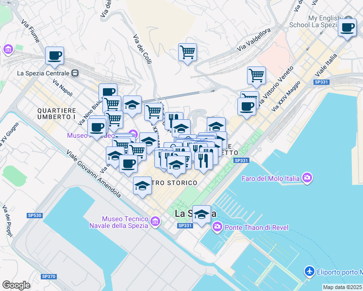 map of restaurants, bars, coffee shops, grocery stores, and more near 30 Via XXVII Marzo in La Spezia