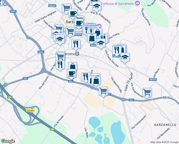map of restaurants, bars, coffee shops, grocery stores, and more near 13 Via Marina in Sarzana