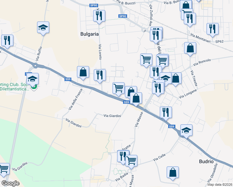 map of restaurants, bars, coffee shops, grocery stores, and more near 5551 Via Emilia Levante in Cesena