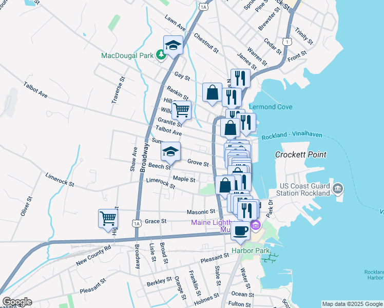 map of restaurants, bars, coffee shops, grocery stores, and more near 63 Summer Street in Rockland