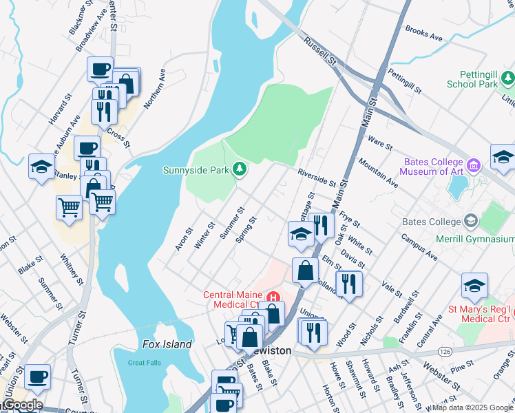 map of restaurants, bars, coffee shops, grocery stores, and more near 152 Spring Street in Lewiston