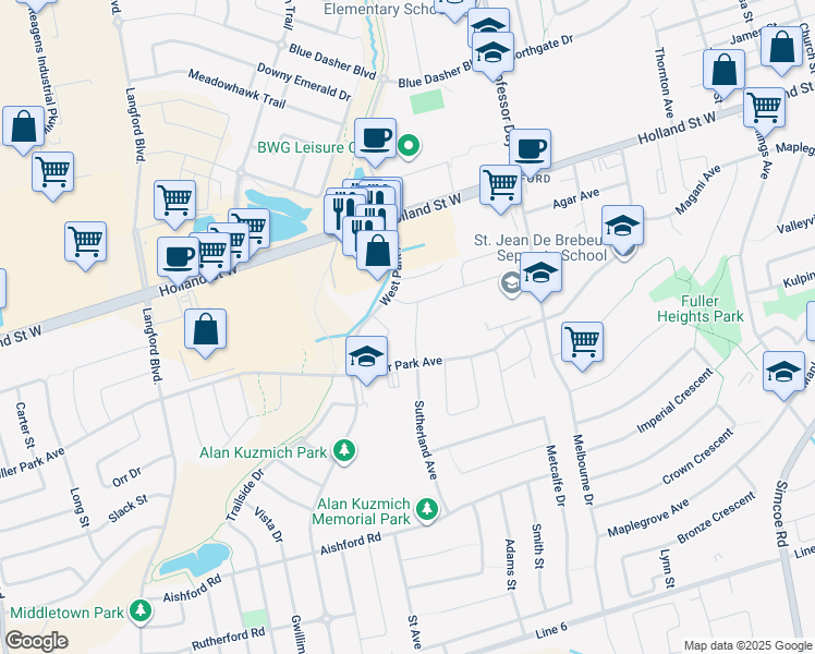 map of restaurants, bars, coffee shops, grocery stores, and more near in Bradford West Gwillimbury