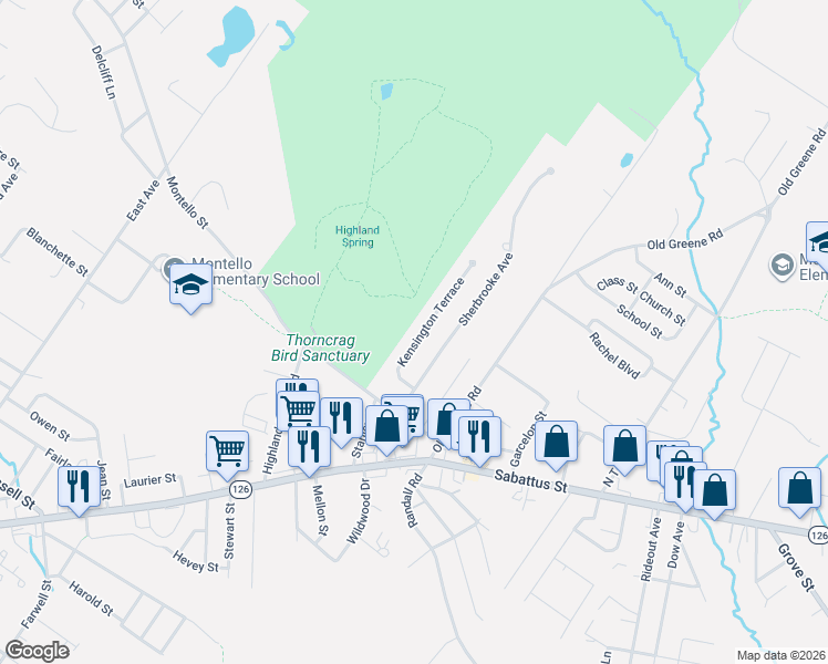 map of restaurants, bars, coffee shops, grocery stores, and more near 18 Kensington Terrace in Lewiston