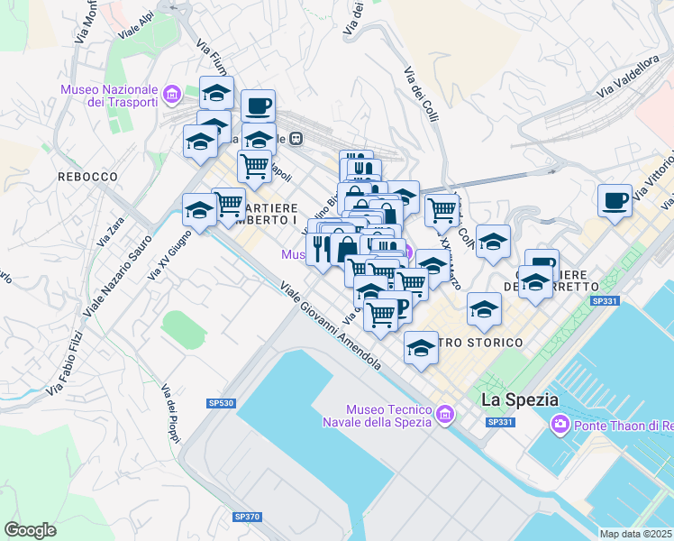 map of restaurants, bars, coffee shops, grocery stores, and more near 205 Corso Cavour in La Spezia