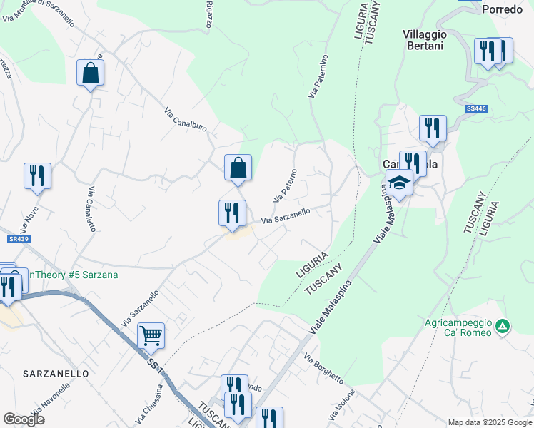 map of restaurants, bars, coffee shops, grocery stores, and more near 2 Via Canalburo in Sarzana
