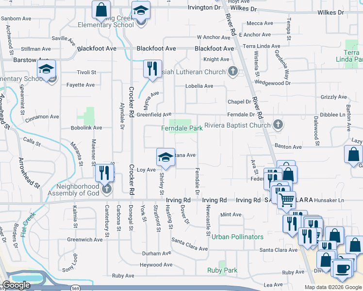 map of restaurants, bars, coffee shops, grocery stores, and more near 2989 Dahlia Lane in Eugene
