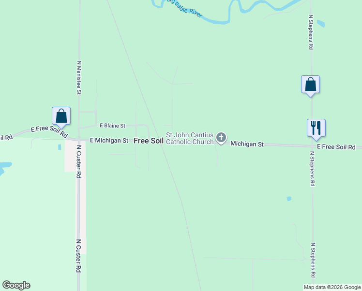map of restaurants, bars, coffee shops, grocery stores, and more near 8446 North Democrat Street in Free Soil