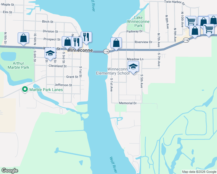 map of restaurants, bars, coffee shops, grocery stores, and more near 400 South 1st Avenue in Winneconne