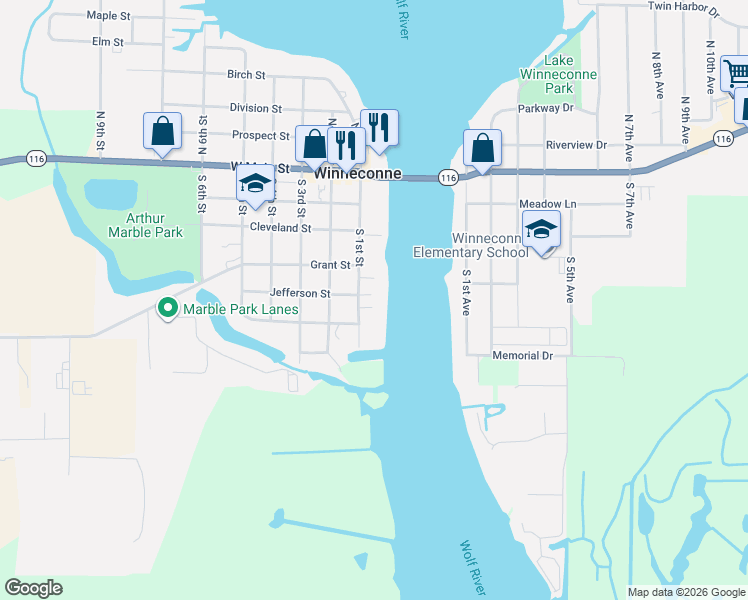 map of restaurants, bars, coffee shops, grocery stores, and more near 307 South 1st Street in Winneconne