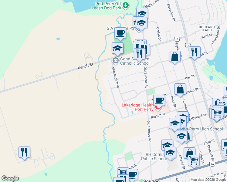 map of restaurants, bars, coffee shops, grocery stores, and more near 191 Roseborough Drive in Scugog