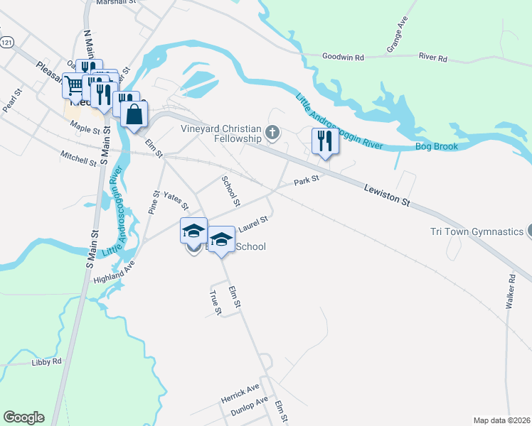 map of restaurants, bars, coffee shops, grocery stores, and more near 43 Park Street in Mechanic Falls