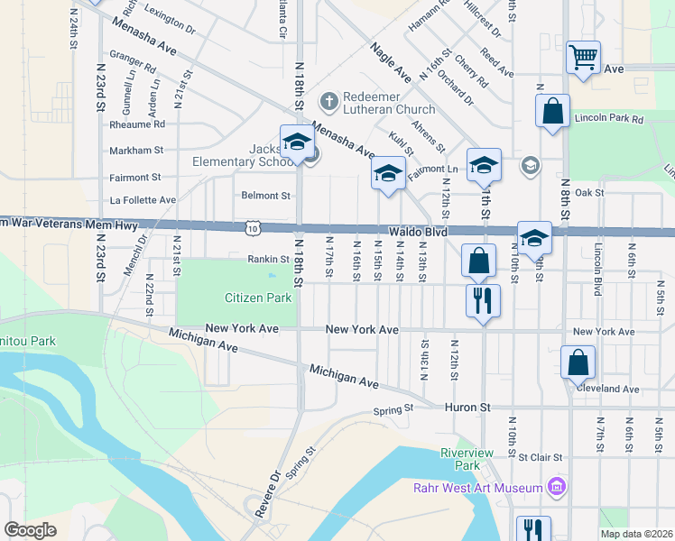 map of restaurants, bars, coffee shops, grocery stores, and more near 1029 North 17th Street in Manitowoc
