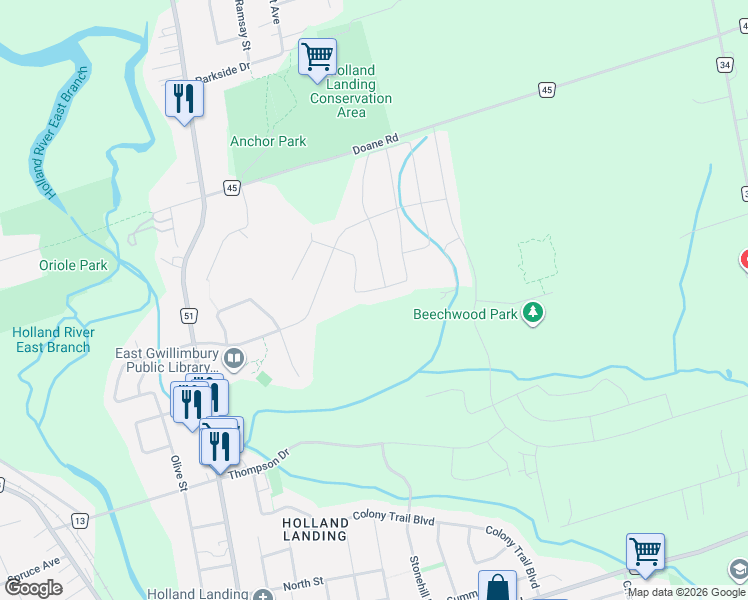 map of restaurants, bars, coffee shops, grocery stores, and more near 46 Forest Edge Crescent in East Gwillimbury
