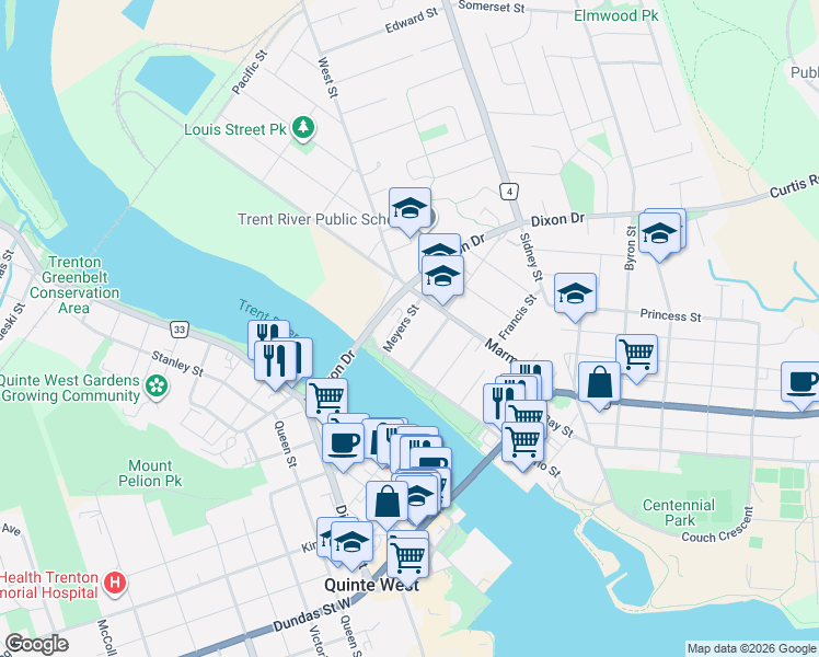 map of restaurants, bars, coffee shops, grocery stores, and more near 3 Dixon Drive in Quinte West