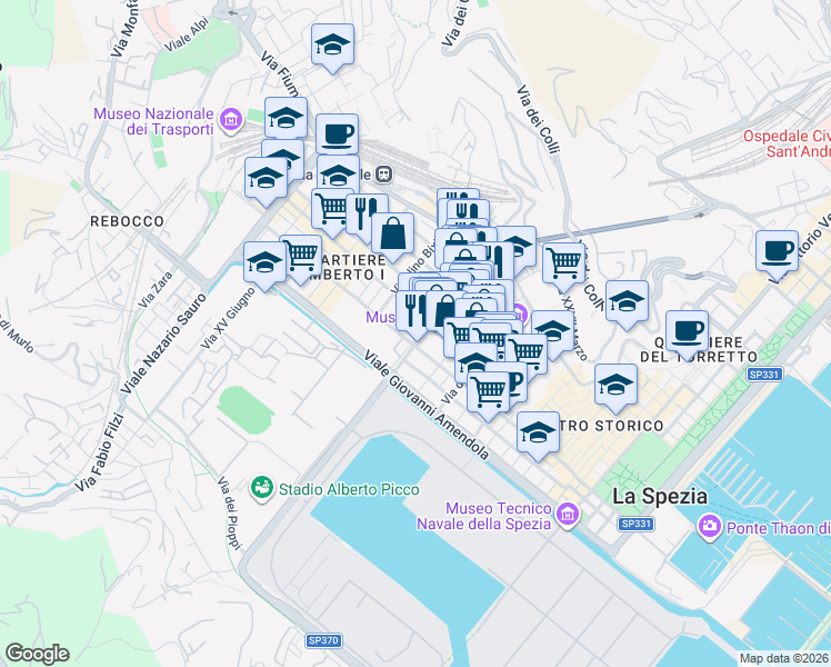 map of restaurants, bars, coffee shops, grocery stores, and more near Corso Cavour in La Spezia
