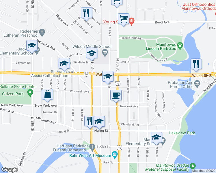 map of restaurants, bars, coffee shops, grocery stores, and more near 916 Pine St in Manitowoc
