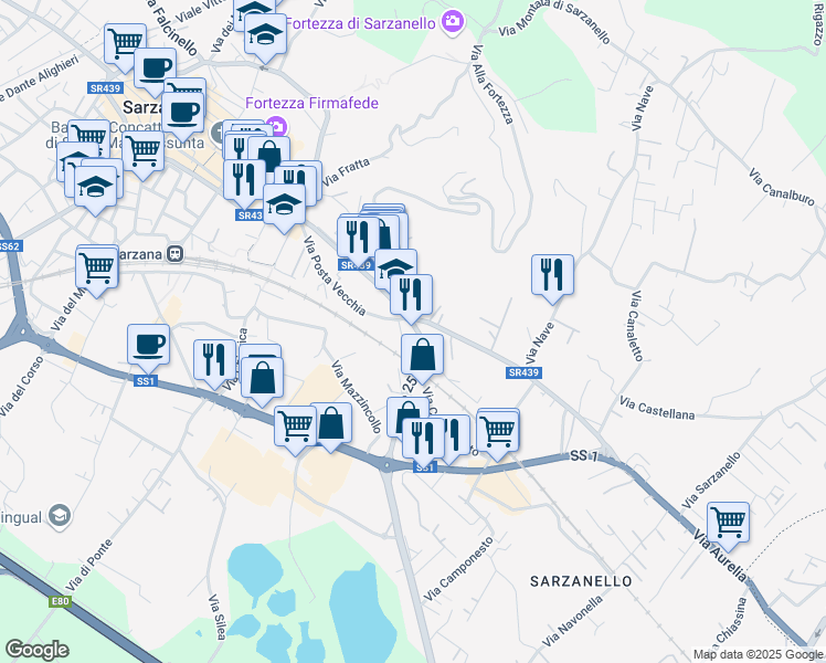 map of restaurants, bars, coffee shops, grocery stores, and more near 131 Viale Giuseppe Mazzini in Sarzana