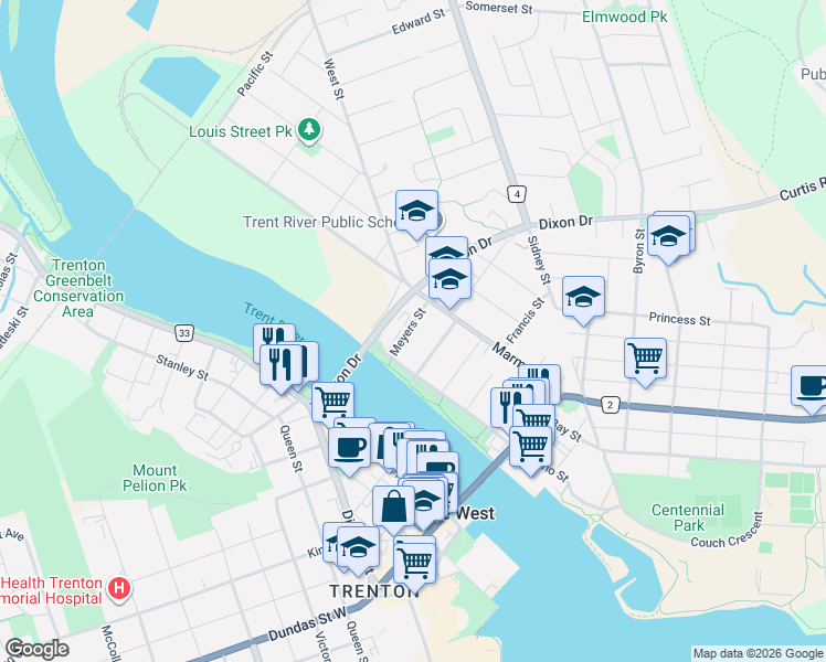 map of restaurants, bars, coffee shops, grocery stores, and more near 17 Meyers Street in Quinte West