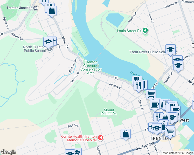 map of restaurants, bars, coffee shops, grocery stores, and more near 157 Stanley Street in Quinte West