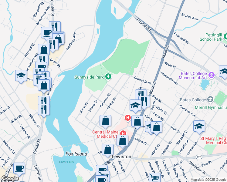 map of restaurants, bars, coffee shops, grocery stores, and more near 108 Whipple Street in Lewiston