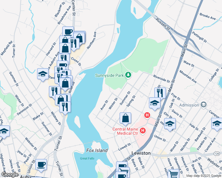 map of restaurants, bars, coffee shops, grocery stores, and more near 84R Avon Street in Lewiston