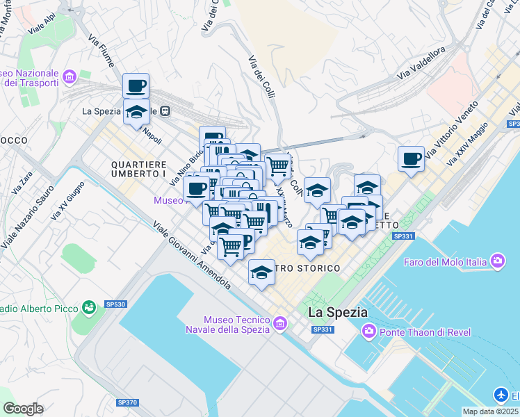 map of restaurants, bars, coffee shops, grocery stores, and more near 29 Via del Vecchio Ospedale in La Spezia
