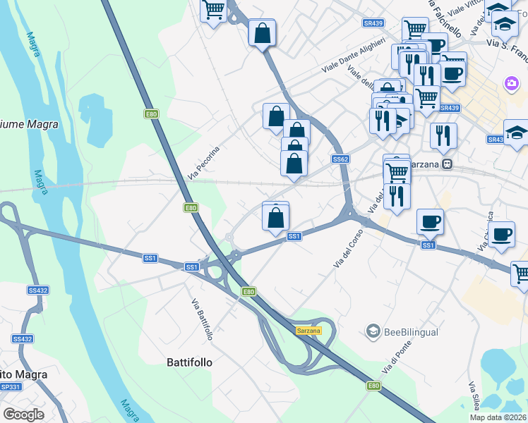 map of restaurants, bars, coffee shops, grocery stores, and more near 145 Via Brigata Partigiana Ugo Muccini in Sarzana