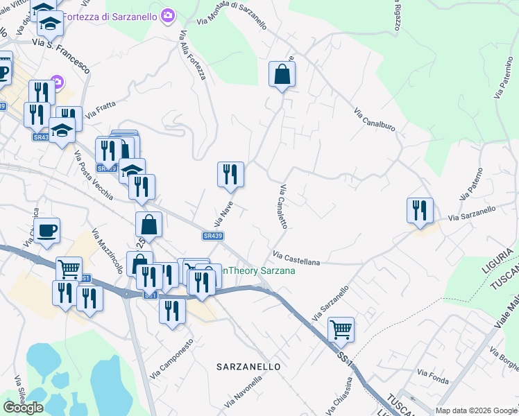 map of restaurants, bars, coffee shops, grocery stores, and more near 22 Via Nave in Sarzana