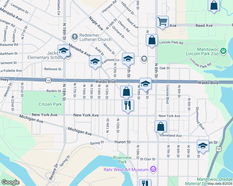 map of restaurants, bars, coffee shops, grocery stores, and more near 1034 Menasha Avenue in Manitowoc