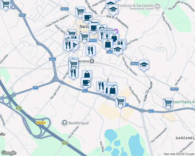 map of restaurants, bars, coffee shops, grocery stores, and more near 22 Via Marina in Sarzana