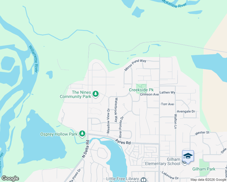 map of restaurants, bars, coffee shops, grocery stores, and more near 3770 Waterbrook Way in Eugene