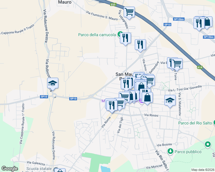map of restaurants, bars, coffee shops, grocery stores, and more near 42 Via Giotto in San Mauro Pascoli