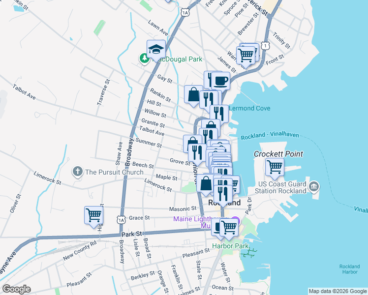 map of restaurants, bars, coffee shops, grocery stores, and more near 39 Summer Street in Rockland