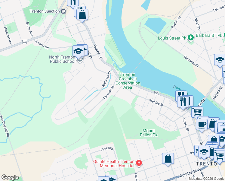 map of restaurants, bars, coffee shops, grocery stores, and more near 12 Radeski Street in Quinte West