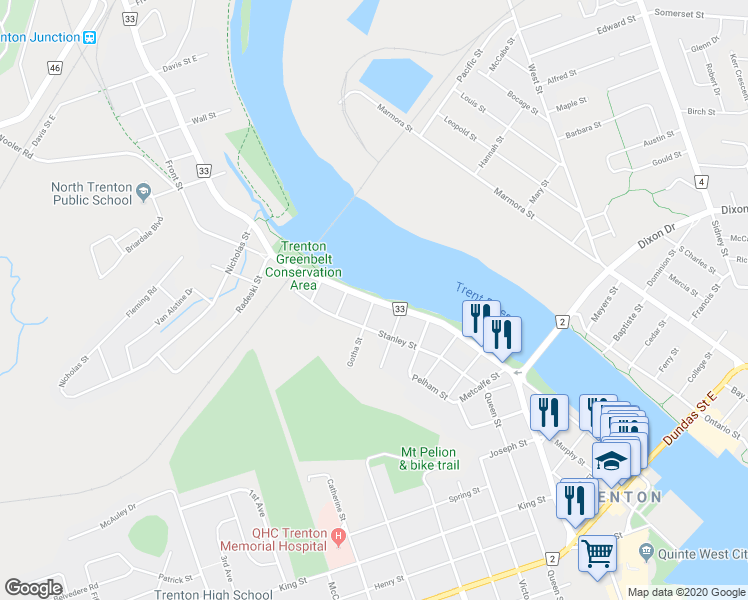 map of restaurants, bars, coffee shops, grocery stores, and more near Front Street in Quinte West