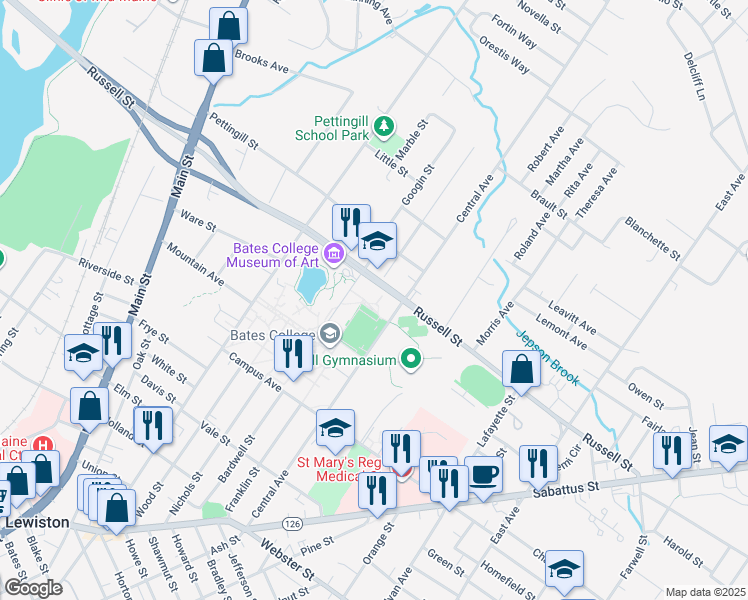 map of restaurants, bars, coffee shops, grocery stores, and more near 95 Russell Street in Lewiston