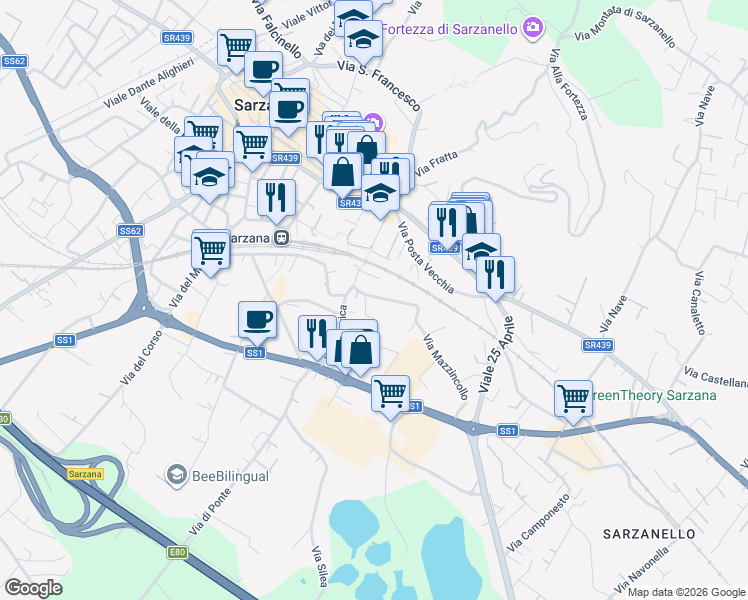 map of restaurants, bars, coffee shops, grocery stores, and more near 2 Via Mazzincollo in Sarzana