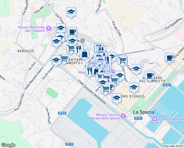 map of restaurants, bars, coffee shops, grocery stores, and more near 245 Corso Camillo Benso Conte di Cavour in La Spezia